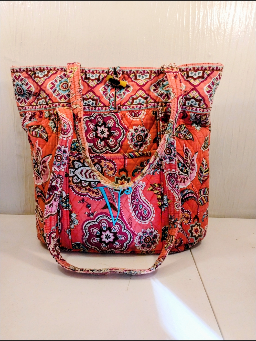 Vera Bradley Quilted Paisley Tote Bag in Coral Pink With Monogram "V"